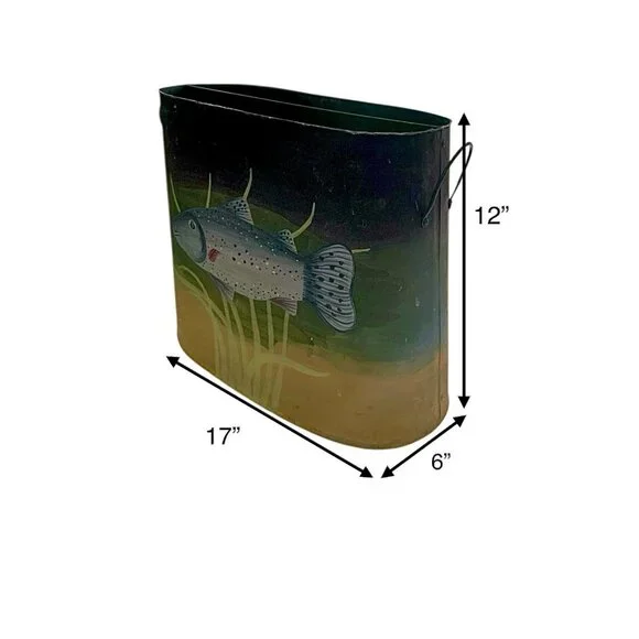 Magazine Holder Fish Painting Tin Bin with Trout Design vintage Rustic Decor